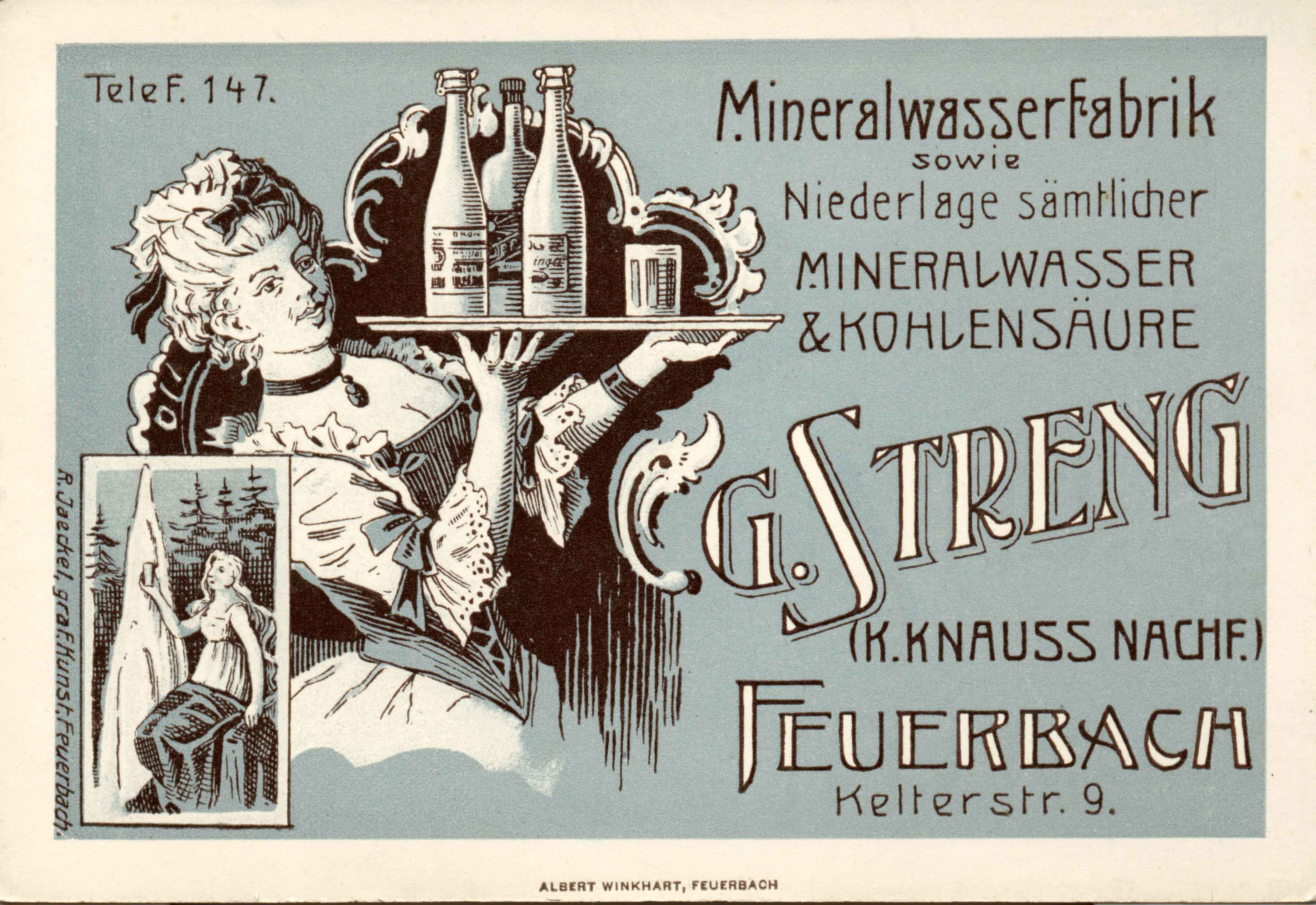 Getränke Streng - Postkarte von 1911 als Mineralwasser-Fabrik in Stuttgart-Feuerbach
